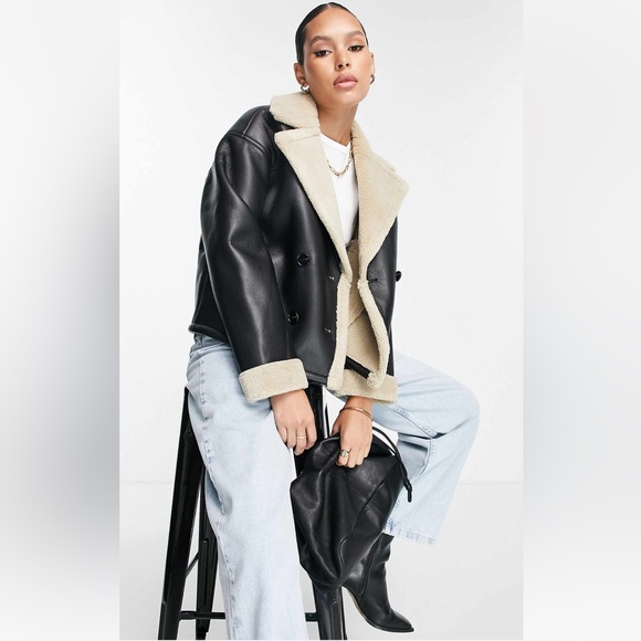 Black and Cream Faux Leather Jacket - Picture 3 of 9